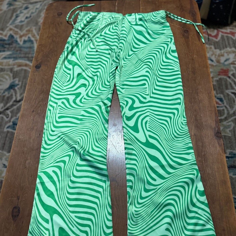 Dreamer Hippie GOGO Pants Green  white side zip Large Bell Bottom Disco 70's